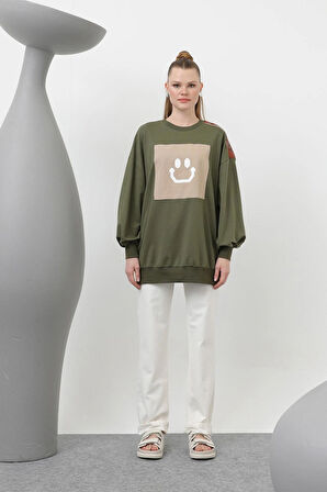 Puane İki İplik Kumaş Smile Baskılı Oversize Tesettür Sweatshirt