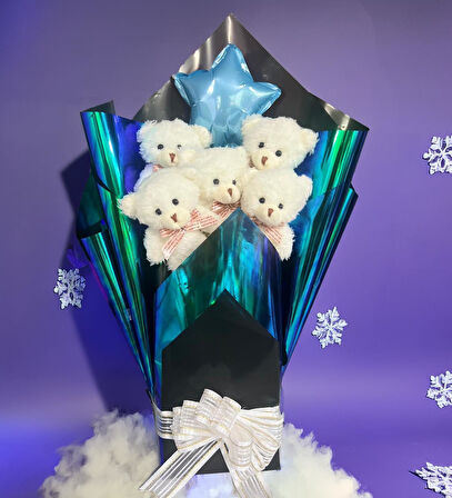 Premium Yıldız Balonlu, Hologramlı Sunumda Beyaz Peluş Ayıcık Buketi