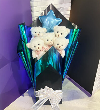 Premium Yıldız Balonlu, Hologramlı Sunumda Beyaz Peluş Ayıcık Buketi