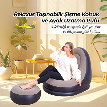 Relaxus Şişme Koltuk ve Ayak Uzatma Pufu –Ev, Kamp, Ofis Kullanımı İçin, Pompa Hediyeli, Taşınabilir Rahat Koltuk   Rahatına düşkünler için tasarlandı!   Evde, kampta, ofiste ya da tatilde keyiflianların yeni favorisi Relaxus şişme koltuk seti ile ta
