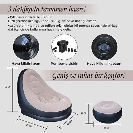 Relaxus Şişme Koltuk ve Ayak Uzatma Pufu –Ev, Kamp, Ofis Kullanımı İçin, Pompa Hediyeli, Taşınabilir Rahat Koltuk   Rahatına düşkünler için tasarlandı!   Evde, kampta, ofiste ya da tatilde keyiflianların yeni favorisi Relaxus şişme koltuk seti ile ta