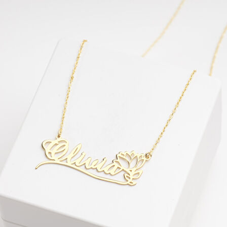 925 Ayar Gümüş Lotus Çiçeği İsim Kolye Özel Tasarım