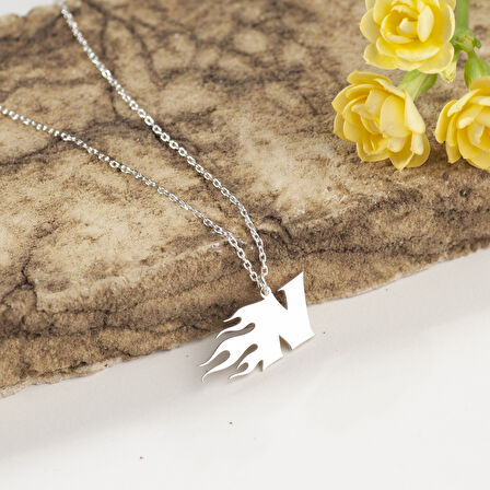 925 Ayar Gümüş   Alevli N Harfi  Kolye Özel Tasarım