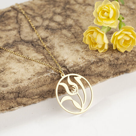 925 Ayar Gümüş Lale Motifli Allah Yazılı Kolye Özel Tasarım