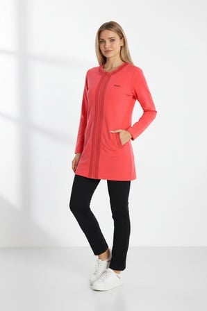 Kadın Nar Çiçeği İki İplik Cepli Bisiklet Yaka Taşlı Boncuklu Fermuarlı Tunik Eşofman TakımıTakım - 74611