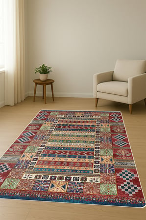Etnik Desenli Dijital Baskı Kaymaz Taban Halı H0287