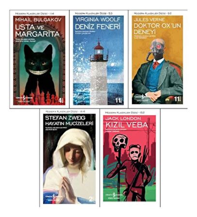 İş Bankası Modern Klasikler Dizisi 5 Kitap Set (Usta ve Margarita, Deniz Feneri, Doktor Ox'un Deneyi, Hayatın Mucizeleri, Kızıl Veba)
