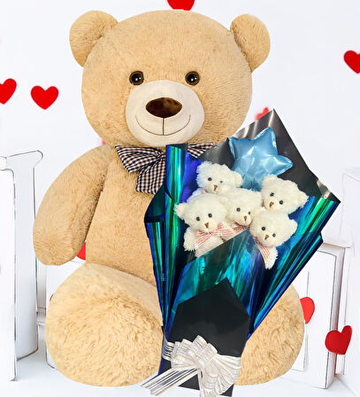 Premium 90 cm Peluş Ayı ve Yıldız Balonlu, Hologramlı Sunumda Beyaz Peluş Ayıcık Buketi