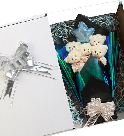 Premium 90 cm Peluş Ayı ve Yıldız Balonlu, Hologramlı Sunumda Beyaz Peluş Ayıcık Buketi