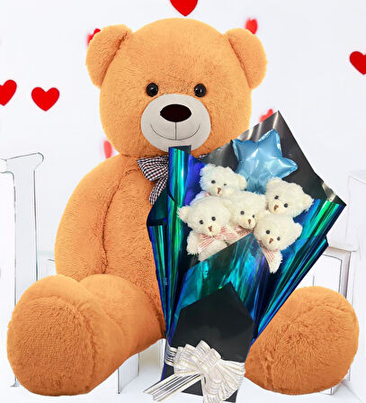 Premium 90 cm Peluş Ayı ve Yıldız Balonlu, Hologramlı Sunumda Beyaz Peluş Ayıcık Buketi