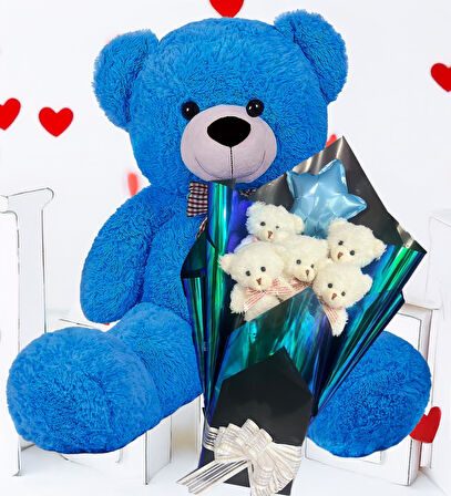 Premium 90 cm Peluş Ayı ve Yıldız Balonlu, Hologramlı Sunumda Beyaz Peluş Ayıcık Buketi