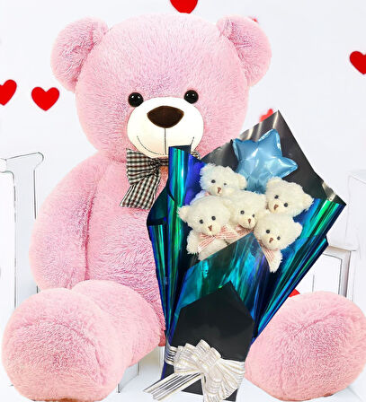 Premium 90 cm Peluş Ayı ve Yıldız Balonlu, Hologramlı Sunumda Beyaz Peluş Ayıcık Buketi