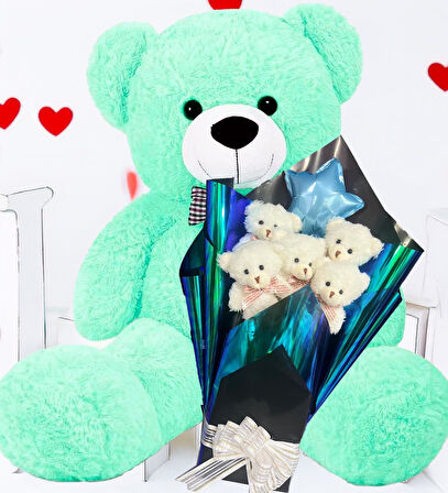 Premium 90 cm Peluş Ayı ve Yıldız Balonlu, Hologramlı Sunumda Beyaz Peluş Ayıcık Buketi