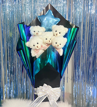 Premium 90 cm Peluş Ayı ve Yıldız Balonlu, Hologramlı Sunumda Beyaz Peluş Ayıcık Buketi