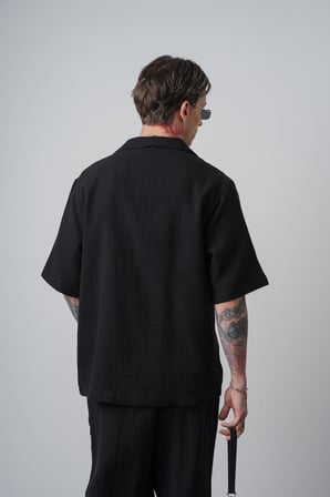 Erkek R Nakışlı Kısa Kollu Müslin Oversize Gömlek Siyah