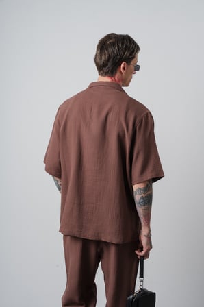 Erkek R Nakışlı Kısa Kollu Müslin Oversize Gömlek Kahve