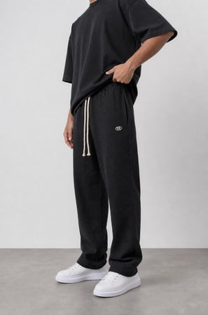 Erkek R Nakışlı Müslin Baggy Pantolon Siyah