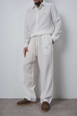 Erkek R Nakışlı Müslin Baggy Pantolon Ekru