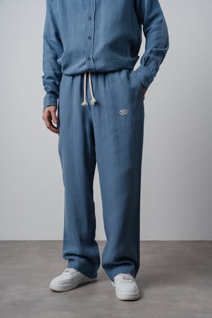 Erkek R Nakışlı Müslin Baggy Pantolon Açık Mavi