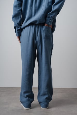 Erkek R Nakışlı Müslin Baggy Pantolon Açık Mavi