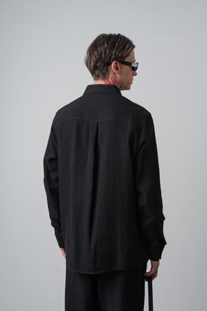 Erkek R Nakışlı Uzun Kollu Müslin Oversize Gömlek Siyah