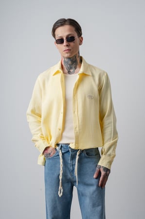 Erkek R Nakışlı Uzun Kollu Müslin Oversize Gömlek Sarı
