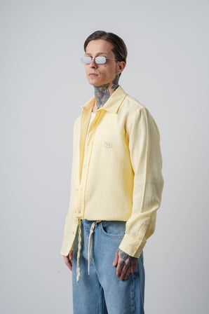 Erkek R Nakışlı Uzun Kollu Müslin Oversize Gömlek Sarı