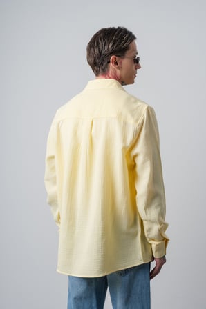 Erkek R Nakışlı Uzun Kollu Müslin Oversize Gömlek Sarı