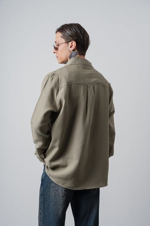 Erkek R Nakışlı Uzun Kollu Müslin Oversize Gömlek Haki