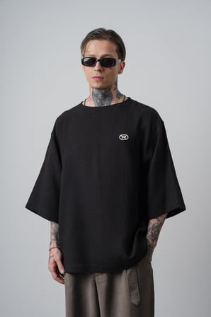 Erkek R Nakışlı Fakir Kol Müslin Oversize T-Shirt Siyah