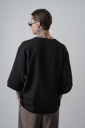 Erkek R Nakışlı Fakir Kol Müslin Oversize T-Shirt Siyah