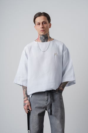 Erkek R Nakışlı Fakir Kol Müslin Oversize T-Shirt Beyaz