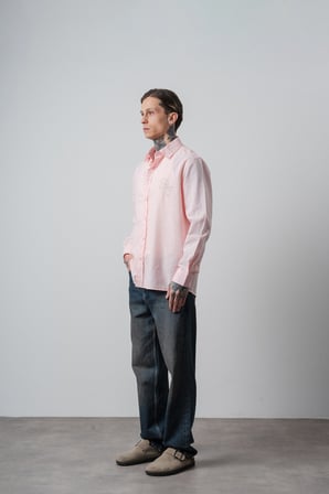 Erkek Res Nakışlı Uzun Kollu Keten Oversize Gömlek Pembe