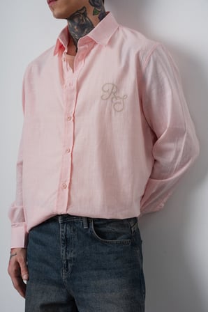 Erkek Res Nakışlı Uzun Kollu Keten Oversize Gömlek Pembe