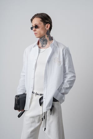 Erkek Res Nakışlı Uzun Kollu Keten Oversize Gömlek Beyaz