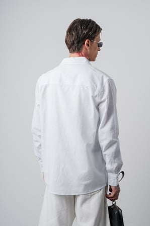 Erkek Res Nakışlı Uzun Kollu Keten Oversize Gömlek Beyaz