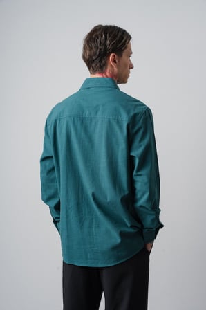 Erkek Res Nakışlı Uzun Kollu Keten Oversize Gömlek Zümrüt