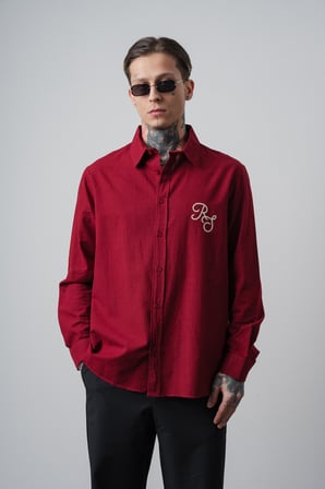 Erkek Res Nakışlı Uzun Kollu Keten Oversize Gömlek Bordo