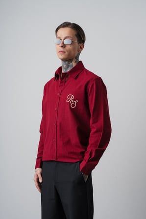 Erkek Res Nakışlı Uzun Kollu Keten Oversize Gömlek Bordo