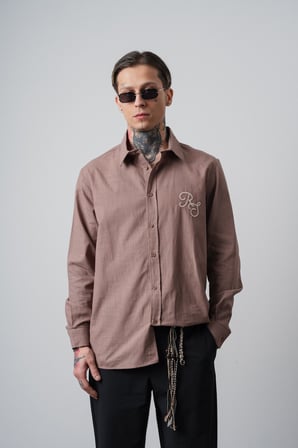 Erkek Res Nakışlı Uzun Kollu Keten Oversize Gömlek Kahve