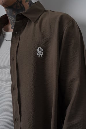 Erkek RS Nakışlı Uzun Kollu Oversize Gömlek Haki