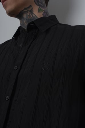 Erkek Nakışlı Uzun Kollu Oversize Gömlek Siyah