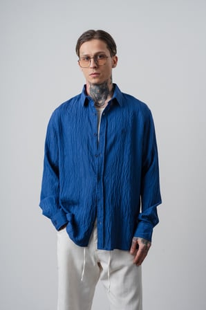Erkek Nakışlı Uzun Kollu Oversize Gömlek Lacivert