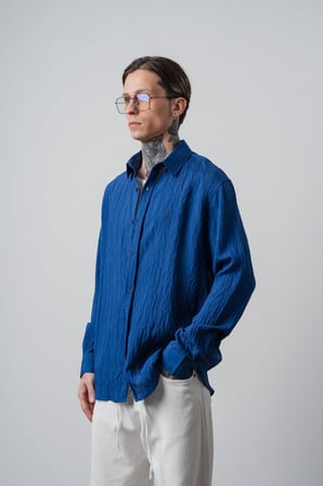 Erkek Nakışlı Uzun Kollu Oversize Gömlek Lacivert