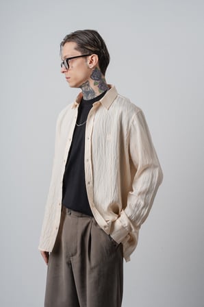 Erkek Nakışlı Uzun Kollu Oversize Gömlek Bej