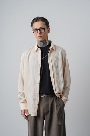 Erkek Nakışlı Uzun Kollu Oversize Gömlek Bej