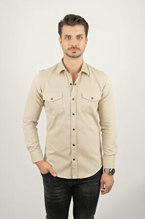 Bej Slimfit Gerçek Kot Erkek Gömlek