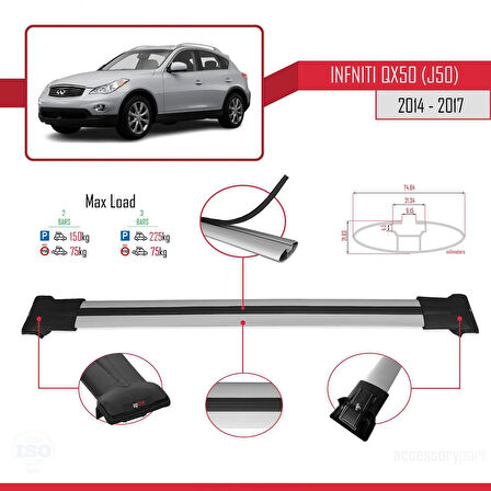 Infiniti QX50 (J50) 2014-2017 Arası ile Uyumlu FLY Model Ara Atkı Tavan Barı Gri 2 Adet