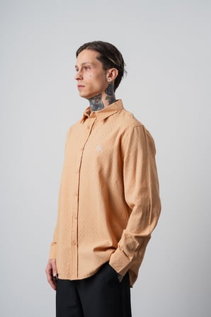 Erkek Star Nakışlı Uzun Kollu Oversize Gömlek Camel