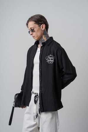 Erkek Eternal Nakışlı Uzun Kollu Keten Oversize Gömlek Siyah